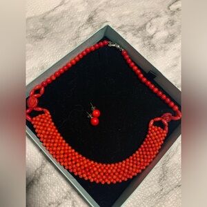 Vintage red beaded necklace and earrings set,  not plastic, cold to touchSmooth